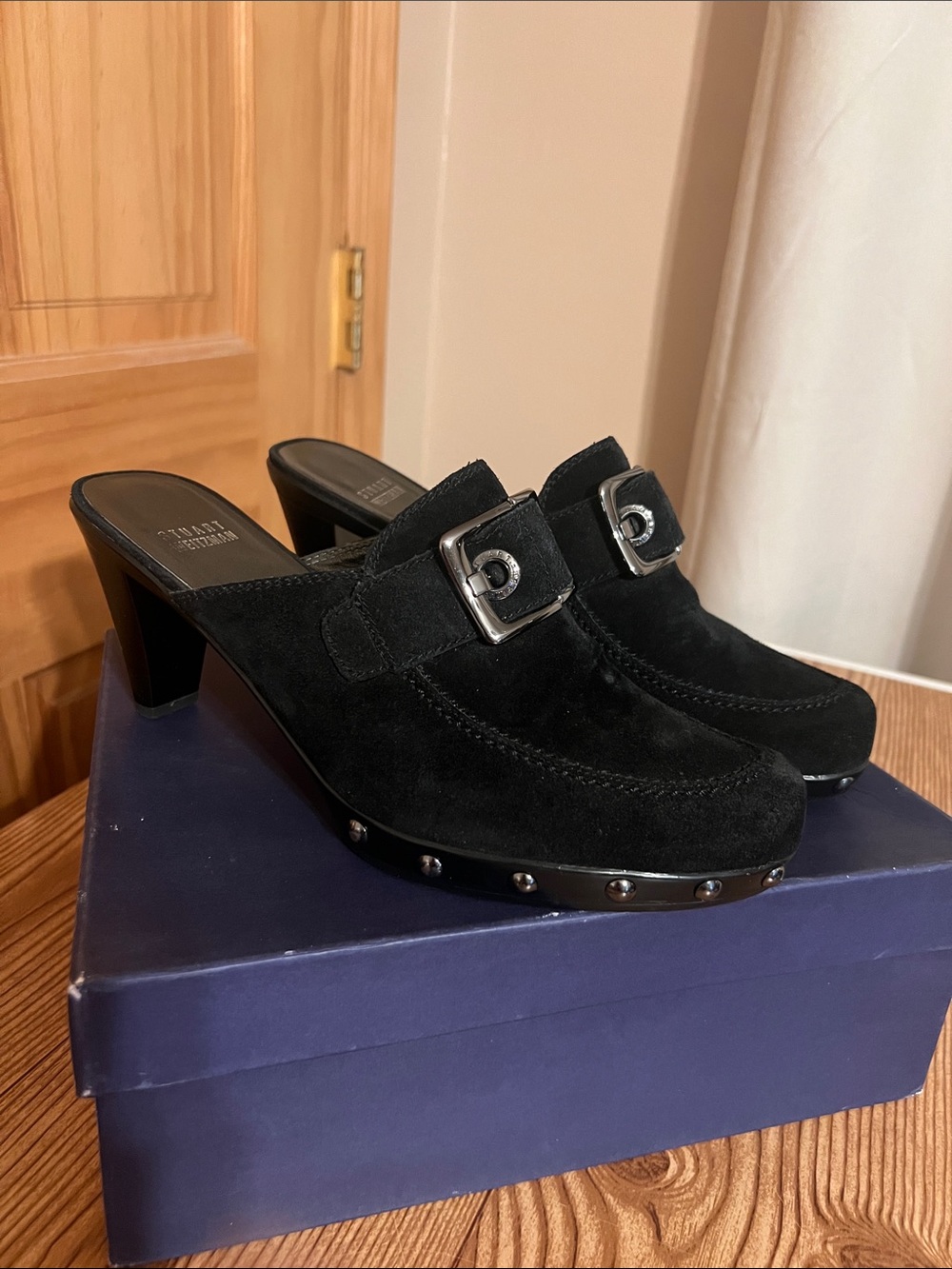 Stuart Weitzman Double Agent Black Suede Buckle Studded Clog Mule Heels